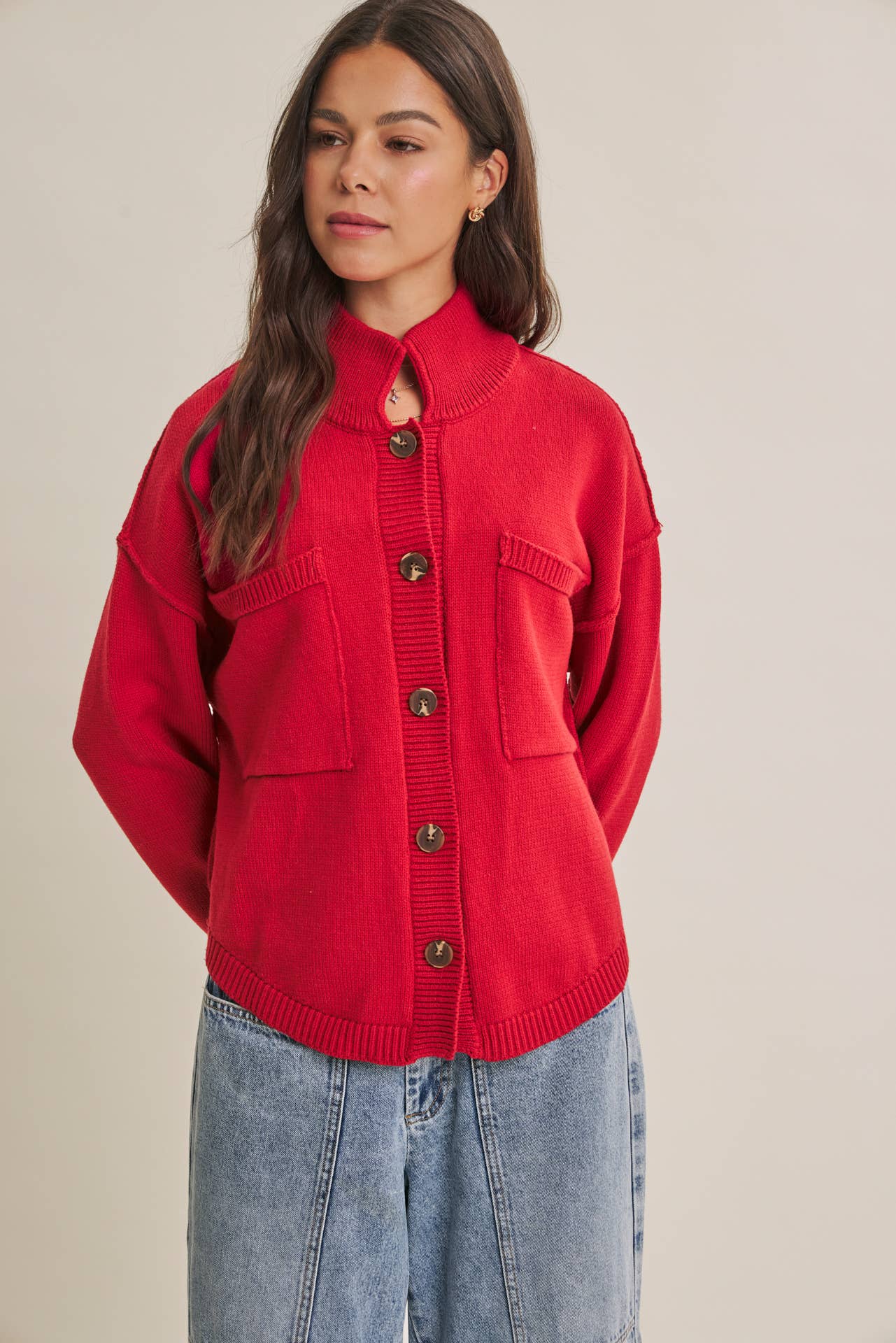 MINIMAL DAY OVERSIZED HIGH NECK SWEATER JACKET WITH POCKETS