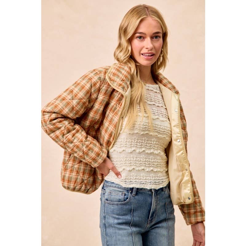 Vintage Plaid Piping Detail Quilted Jacket