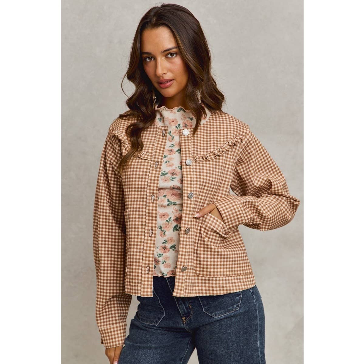 Mini Checkered Button Down Ruffled Jacket