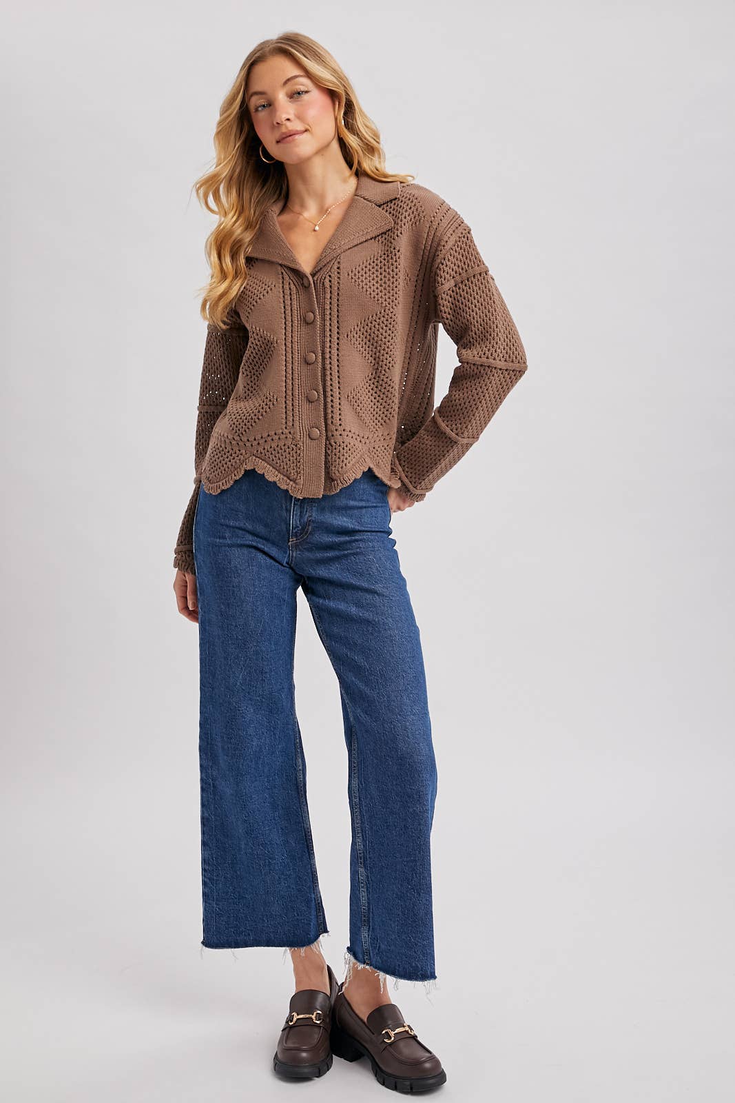BUTTON DOWN SCALLOPED HEM CROCHET KNIT CARDIGAN