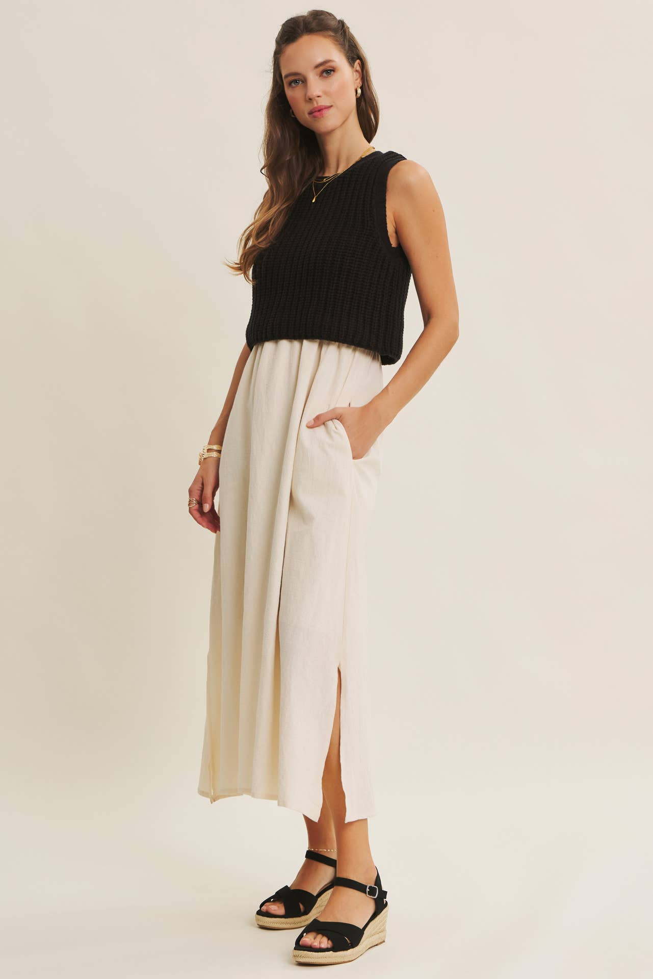 CHUNKY SWEATER TWOFER MIDI DRESS