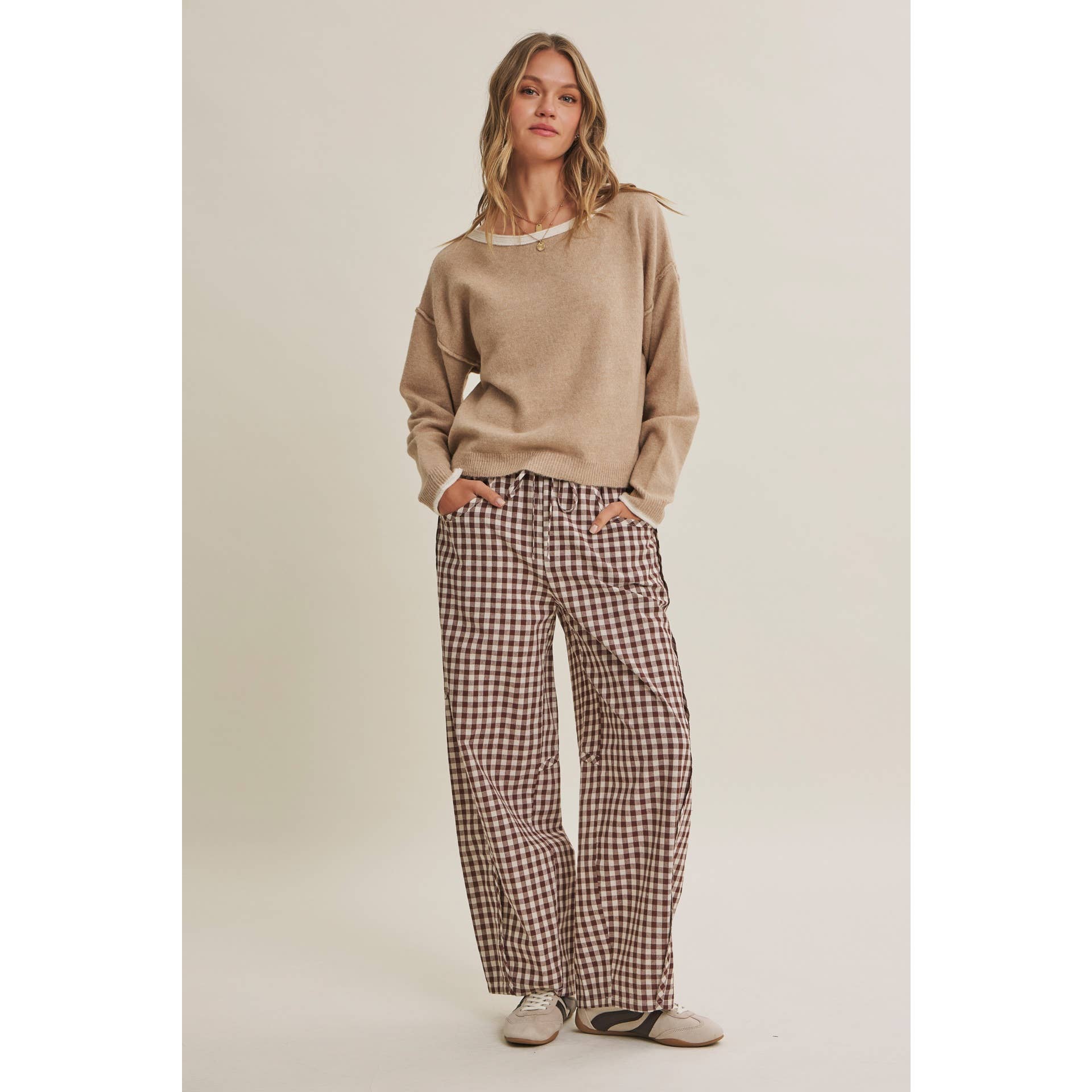 GINGHAM COTTON BARREL PANTS