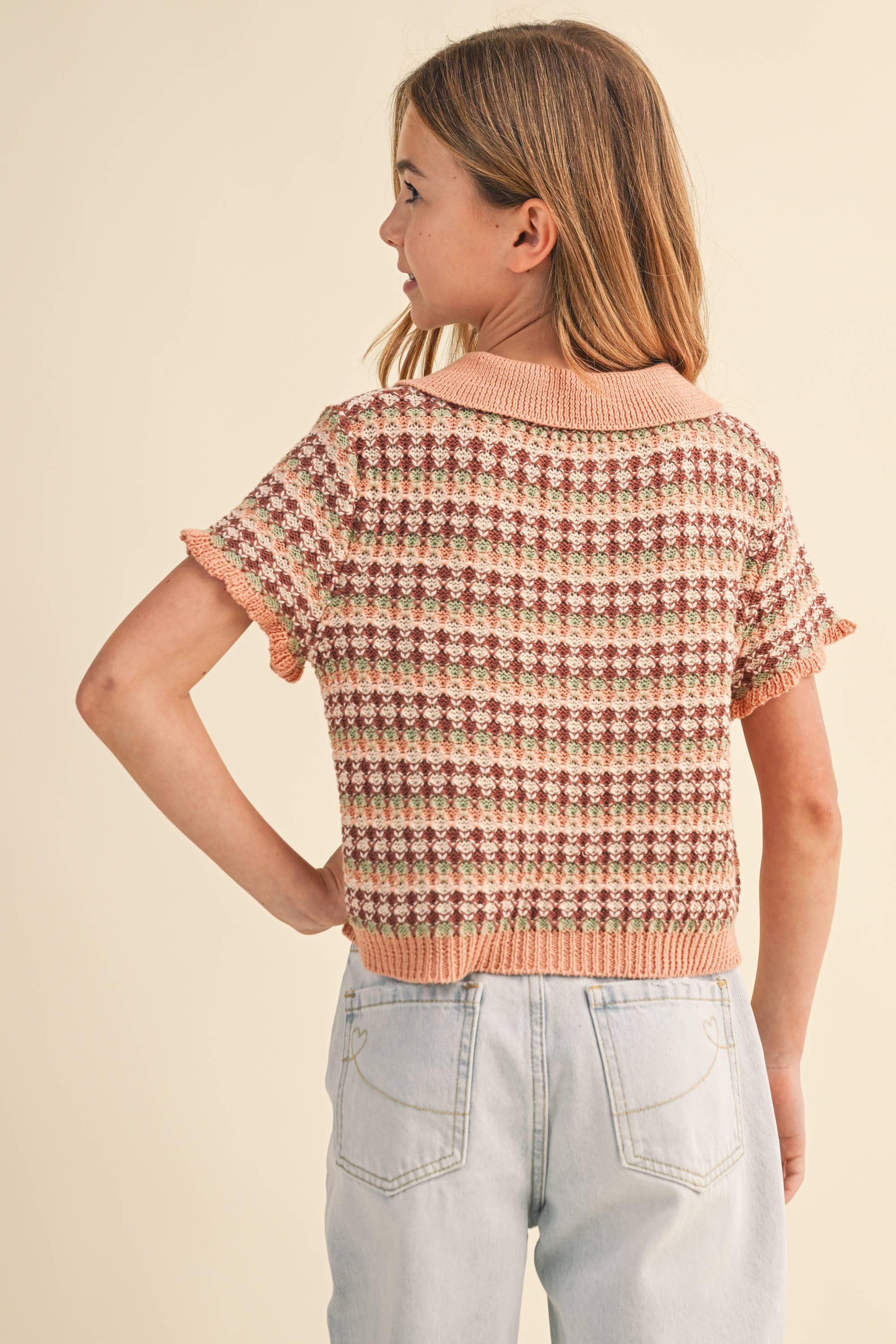 TWEEN KIDS GIRLS COLLARED CROP KNIT TOP (7-14)