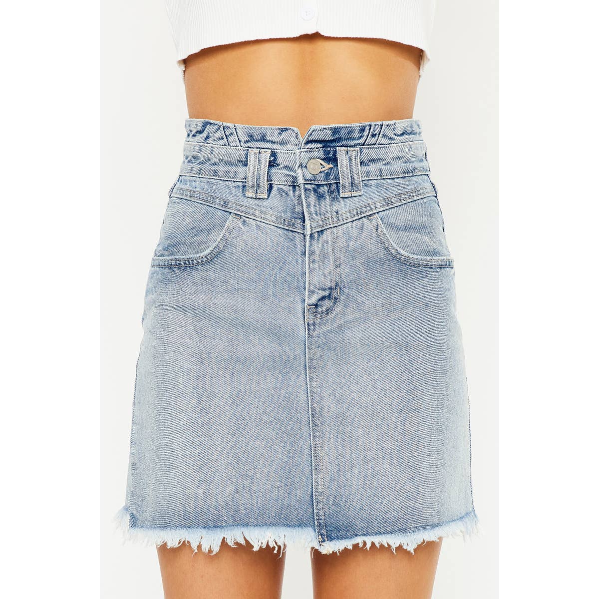 HIGH RISE FRAYED HEM DENIM SKIRT