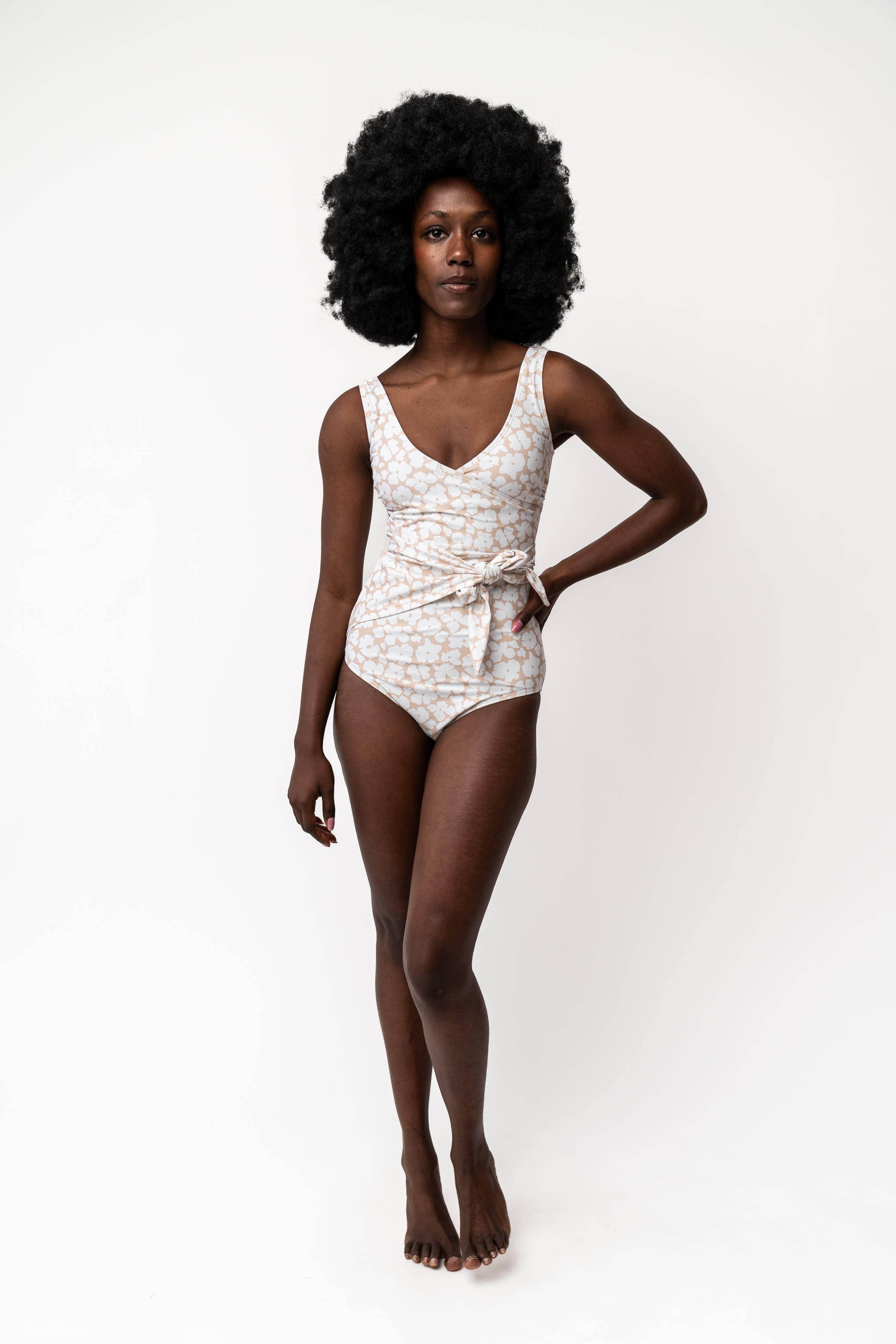 Tan Floral Wrap Front One Piece Swimsuit