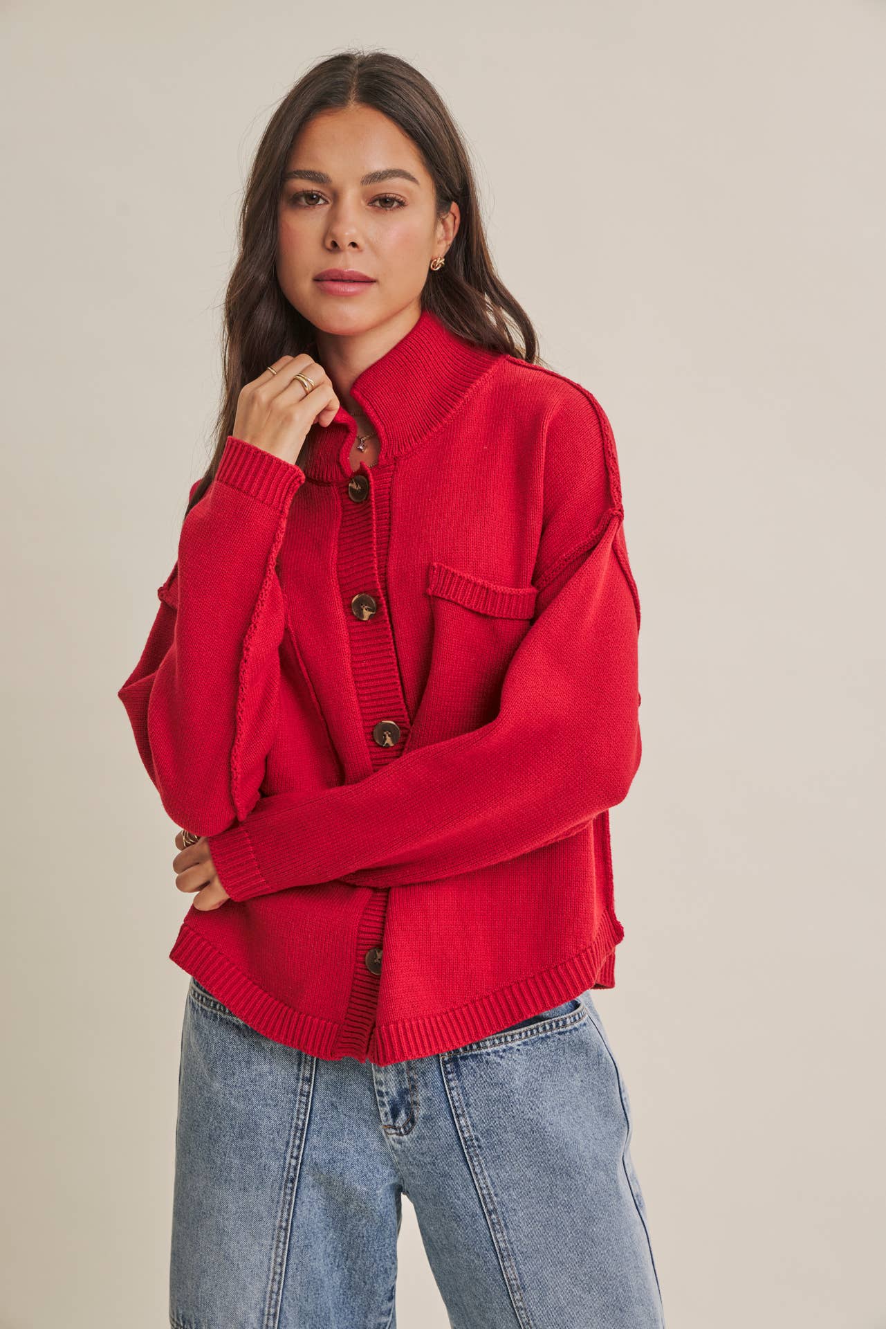 MINIMAL DAY OVERSIZED HIGH NECK SWEATER JACKET WITH POCKETS