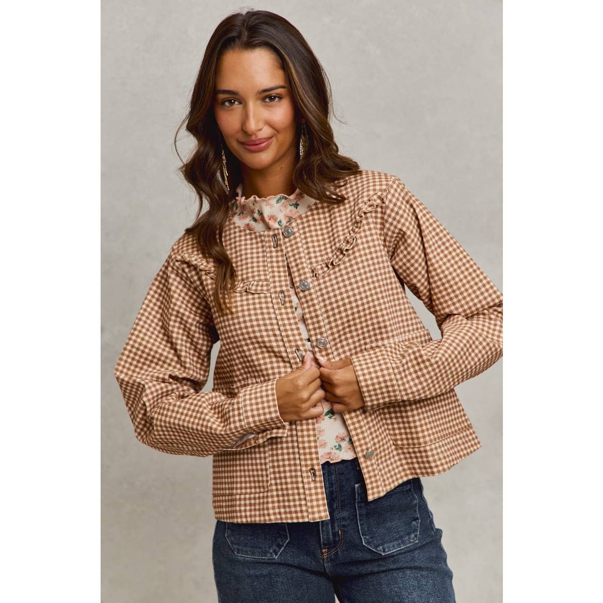 Mini Checkered Button Down Ruffled Jacket