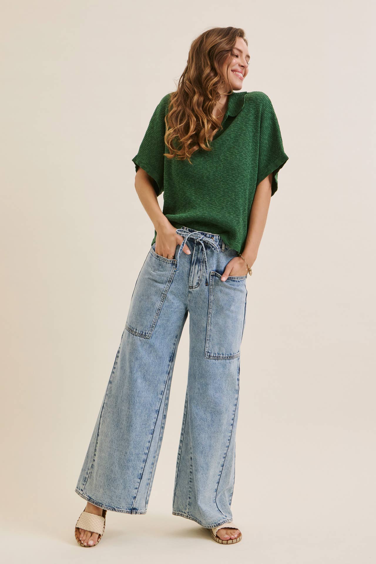 EASE AND GRACE DENIM WASHED OVERSIZED WIDE-LEG JEANS