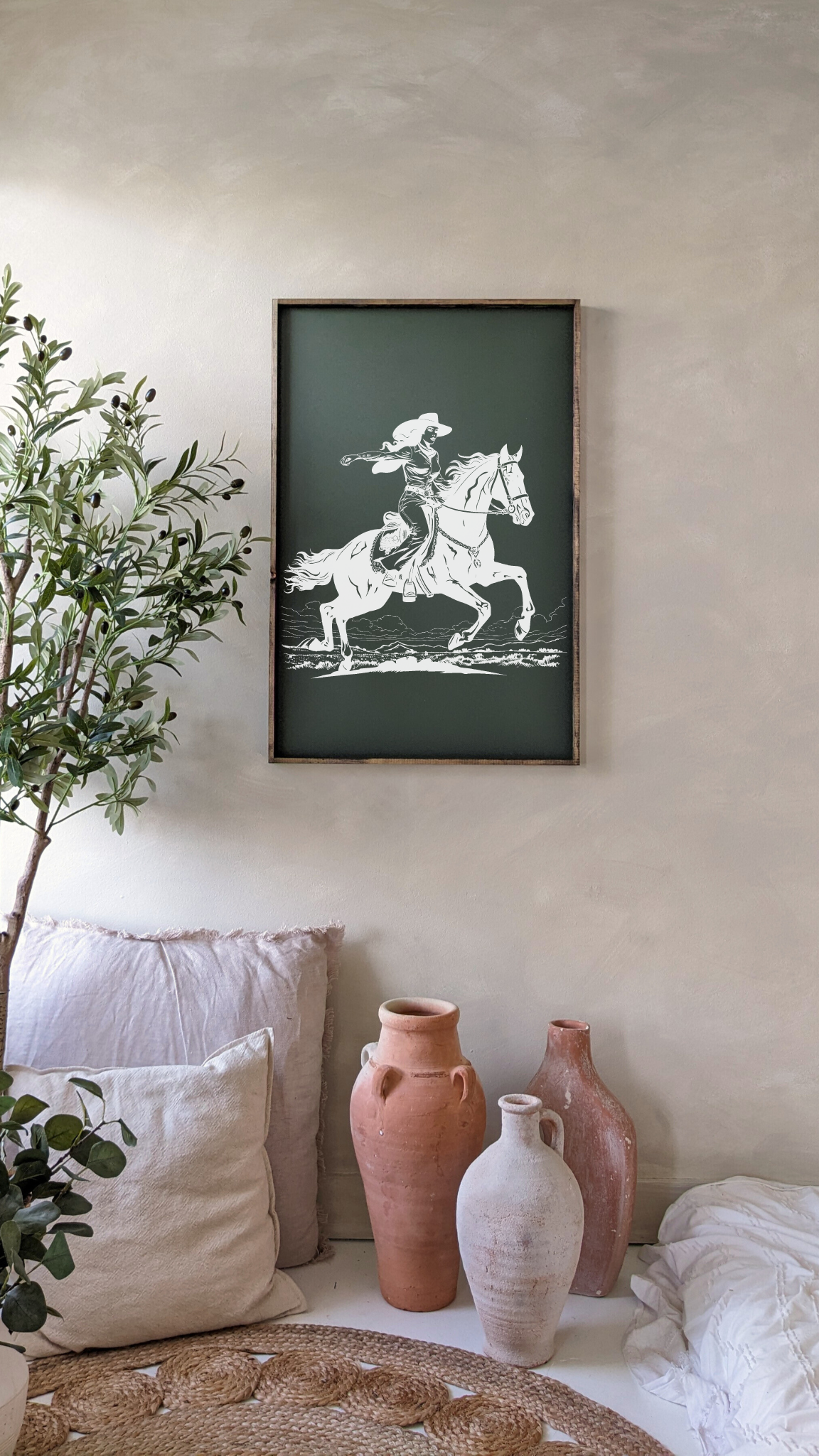 24" x 36" Vintage Cowgirl Framed Print - Handmade Western Wall Art
