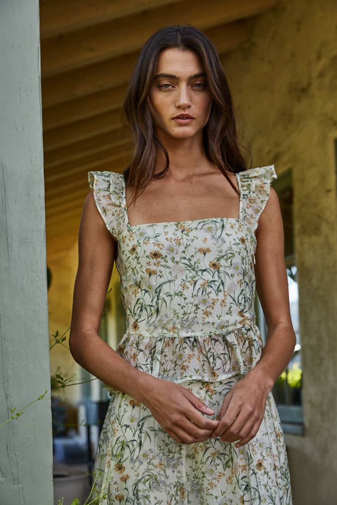 Woven Tencel Nylon Floral Print Ruffle Top
