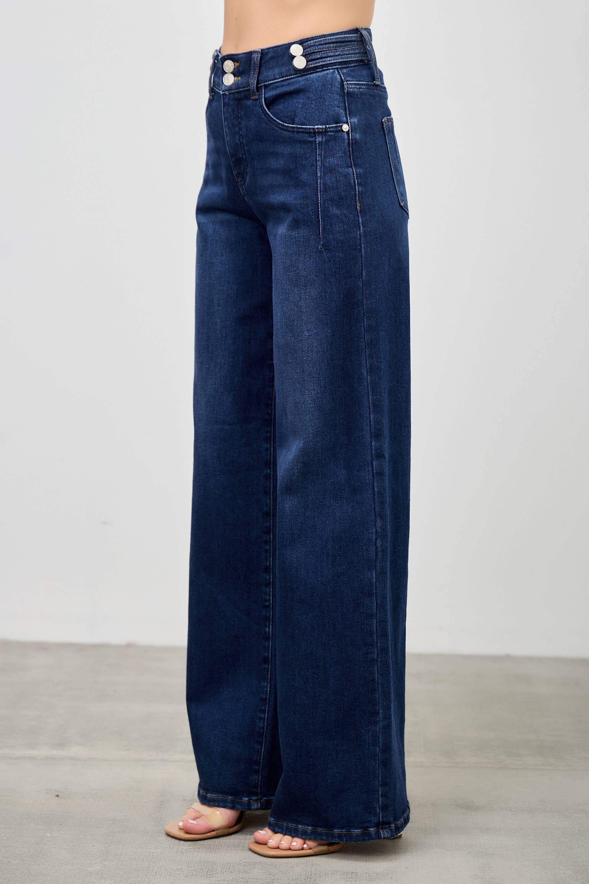 HIGH RISE WIDE LEG JEAN WITH DOUBLE BUTTONS