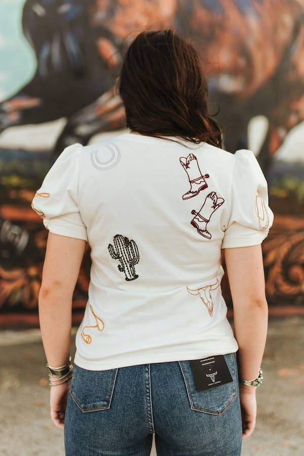 Plus Size White Western Contrast Embroidered Puff Sleeve Top