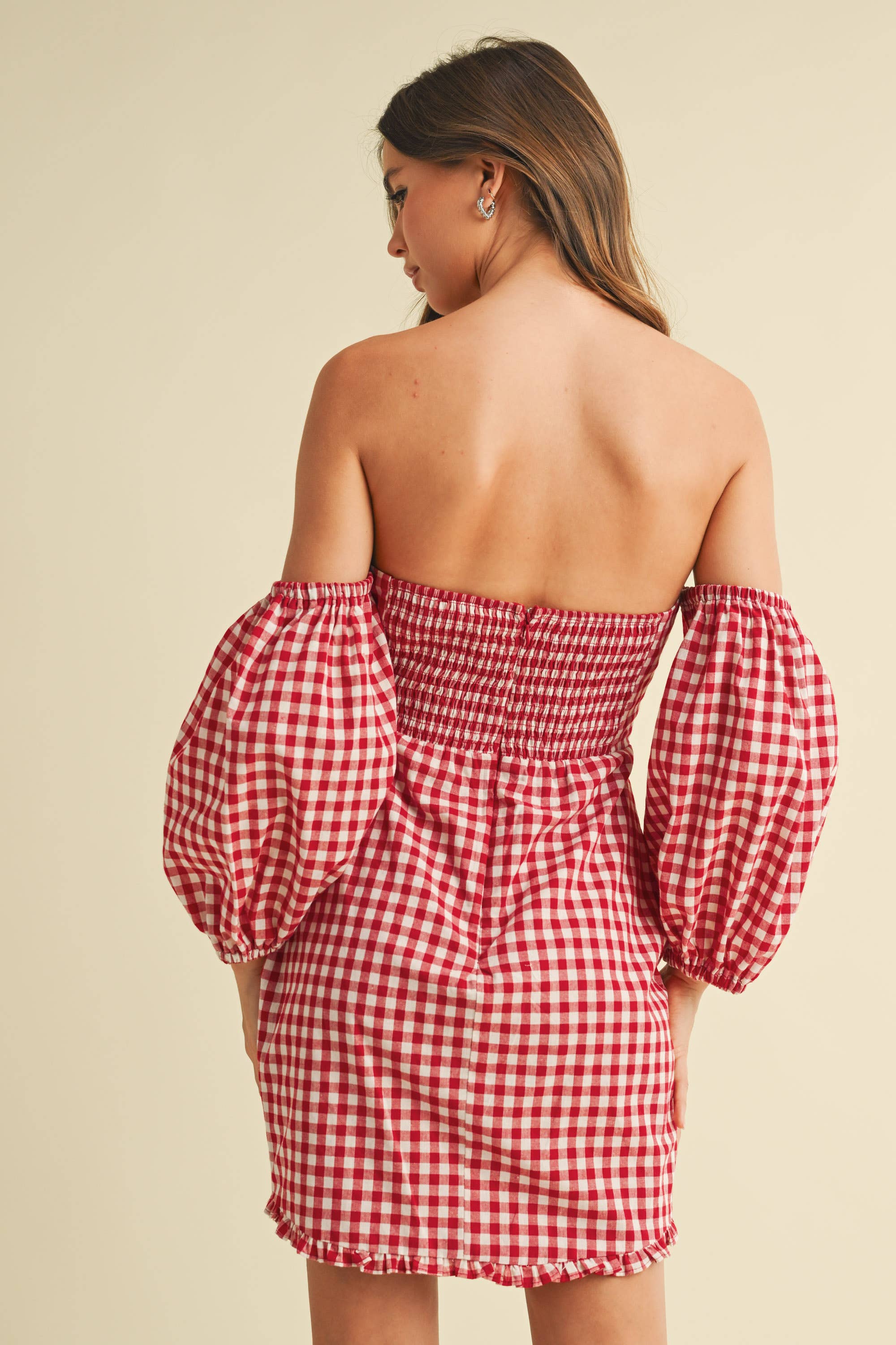 GINGHAM OFF THE SHOULDER PUFF SLEEVE MINI DRESS