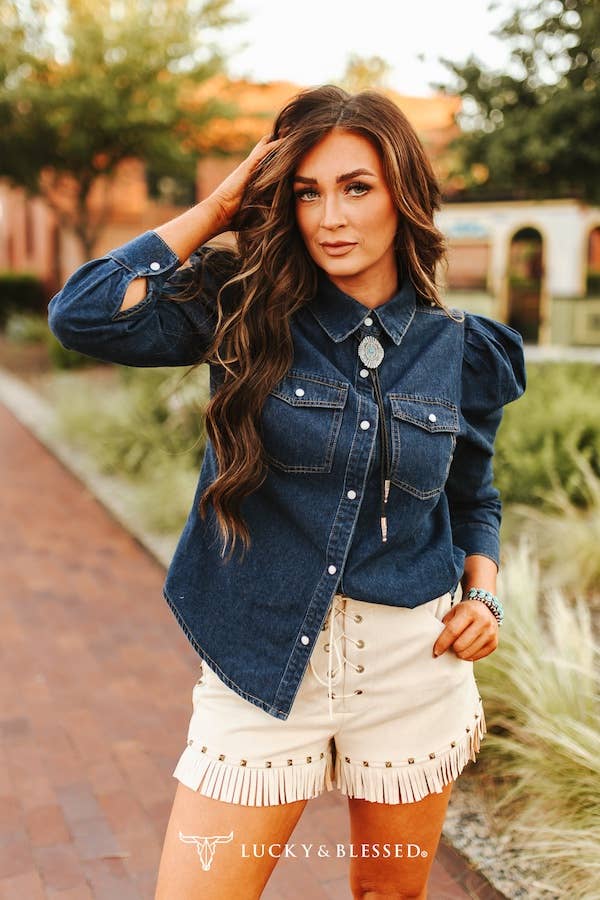 Dark Wash Denim Puff Sleeve Shirt Front Pocket