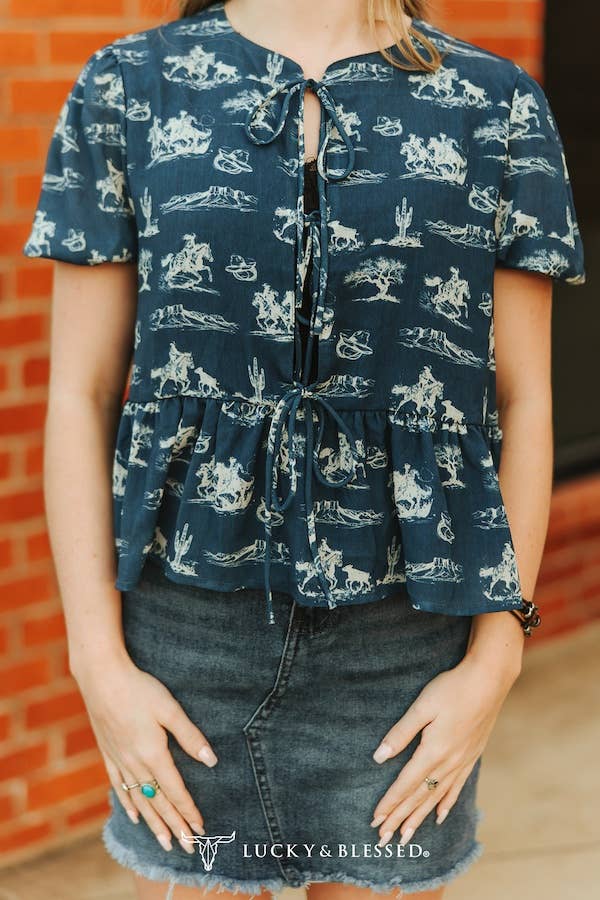 Western Blue Printed Embroidered Puff Sleeve Top