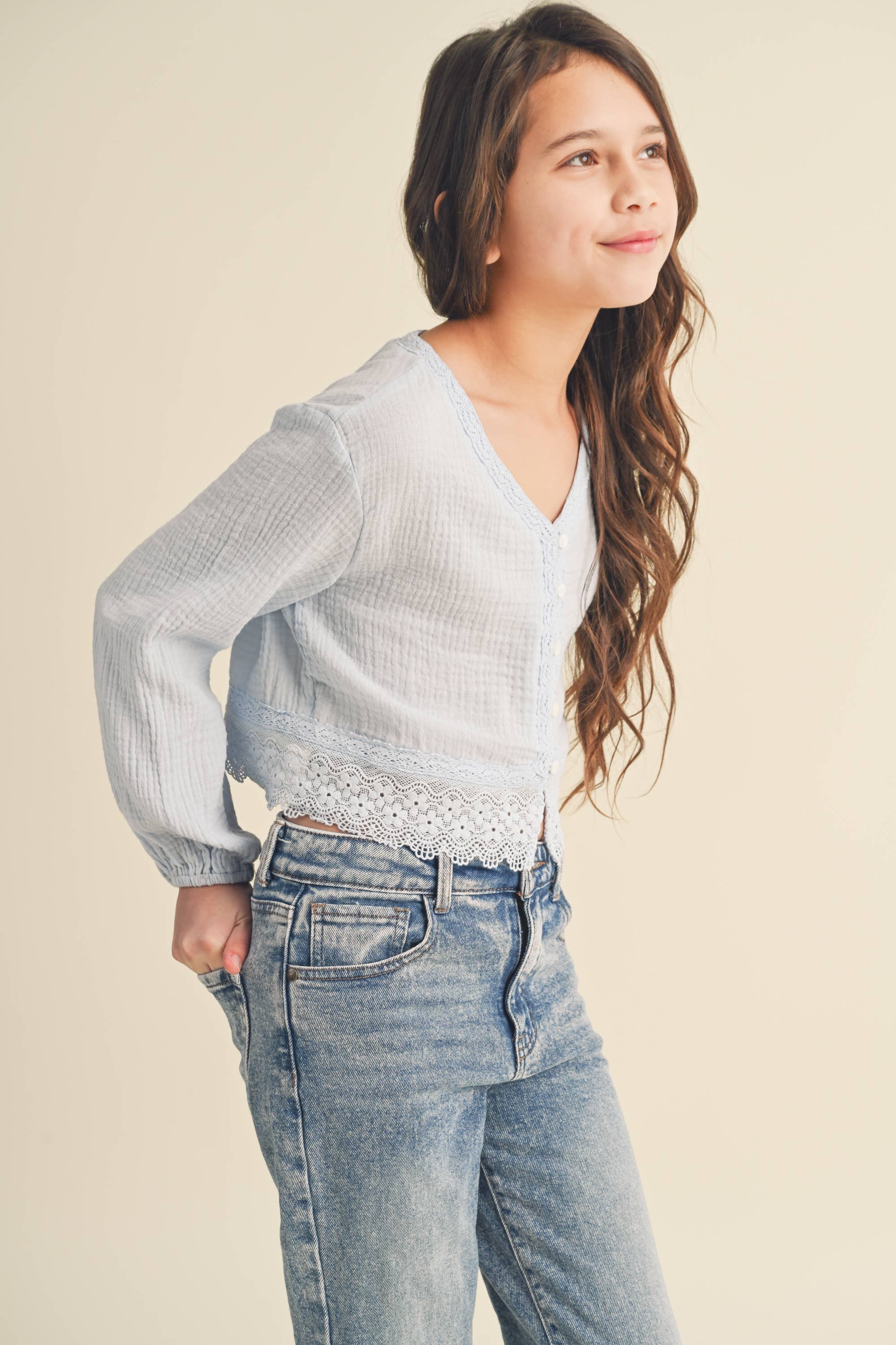 TWEEN KIDS GIRLS LONG SLEEVE BUTTON DOWN CROPPED TOP (7-14)