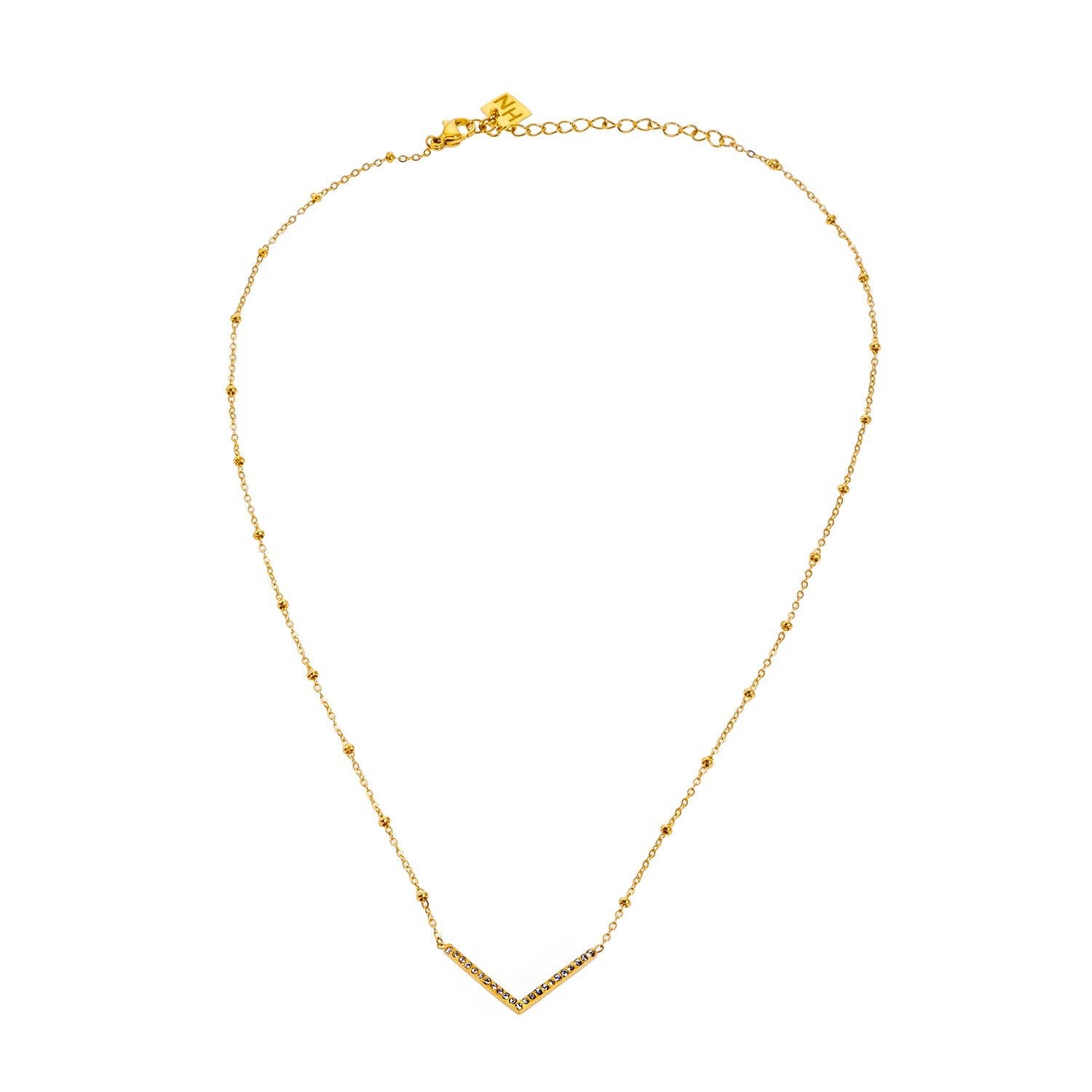 Beaded Dainty Chain Anchoring 'V' Shaped Zirconia Embedded Pendant Charm Necklace