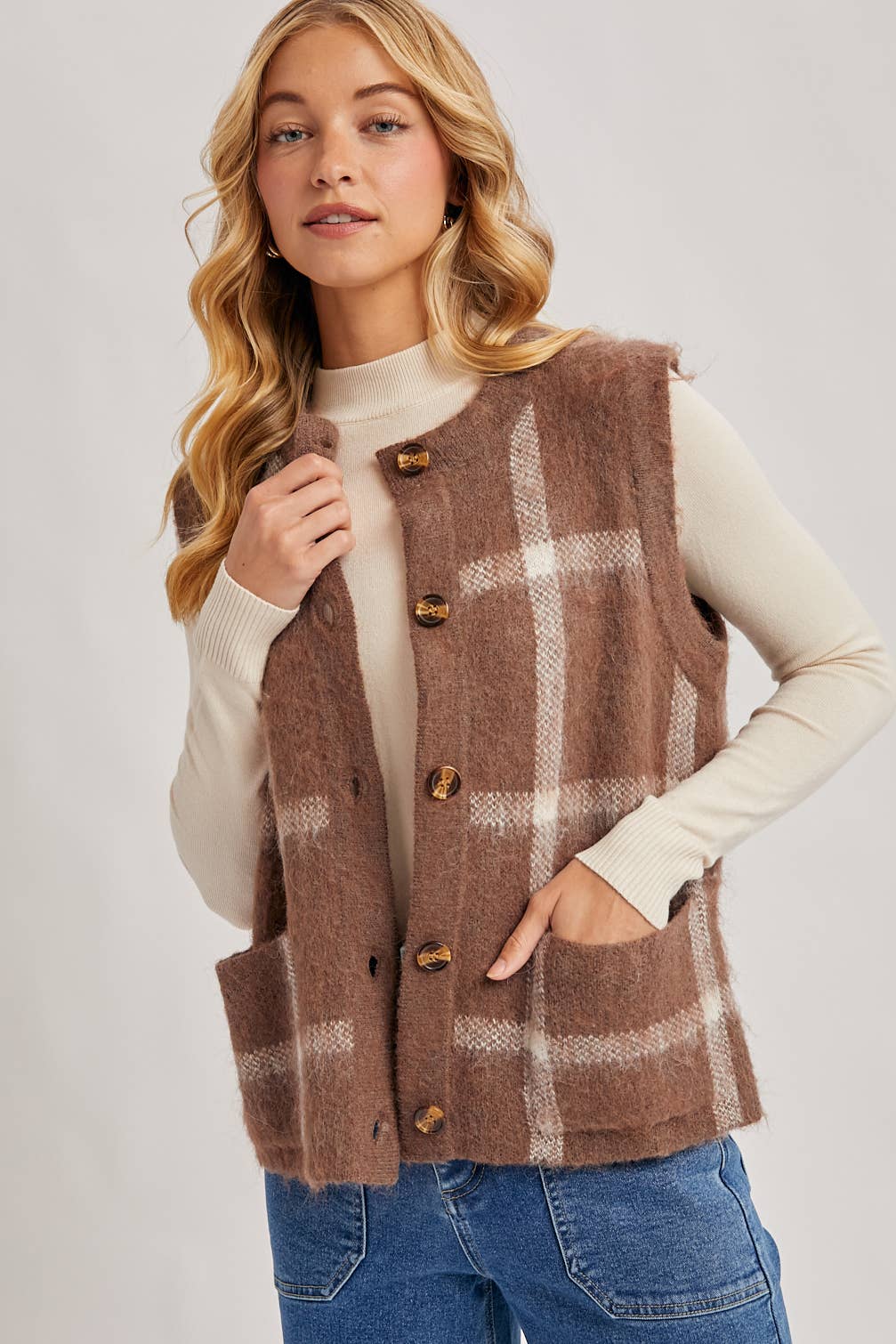 BUTTON DOWN PLAID FUZZY KNIT SWEATER VEST