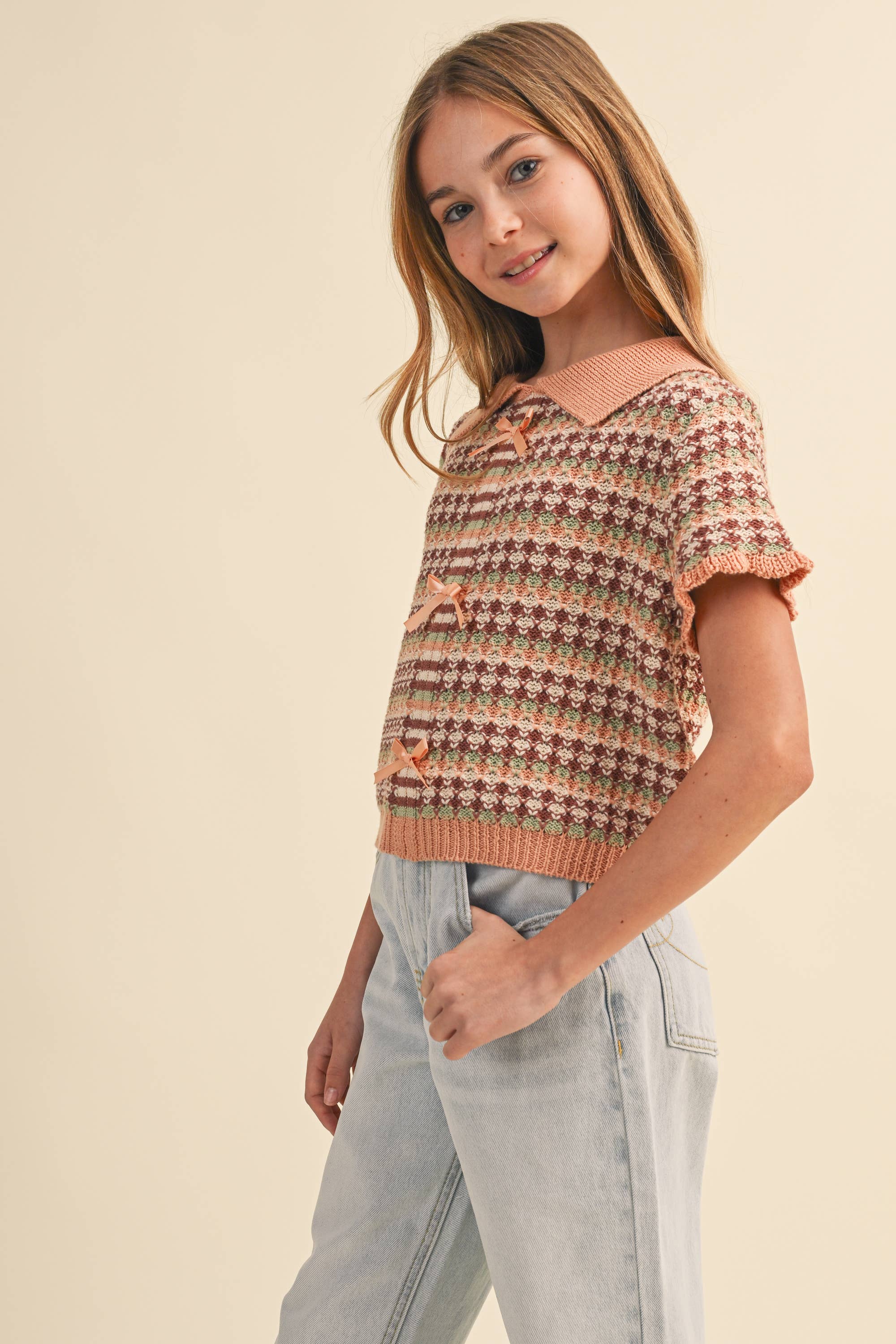 TWEEN KIDS GIRLS COLLARED CROP KNIT TOP (7-14)