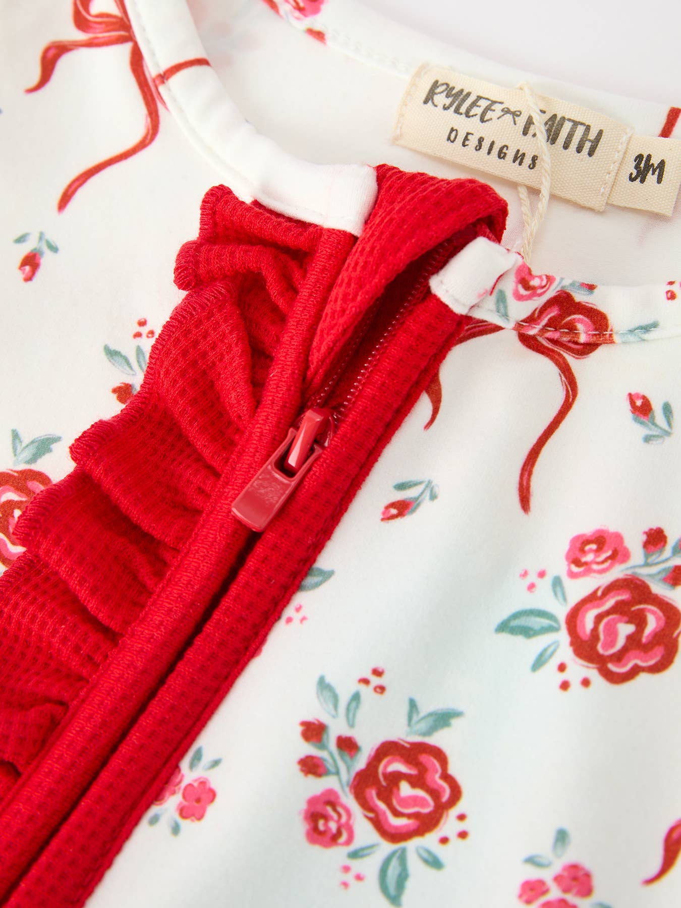 Baby Girls Red Bow Floral Ruffle Zip Romper