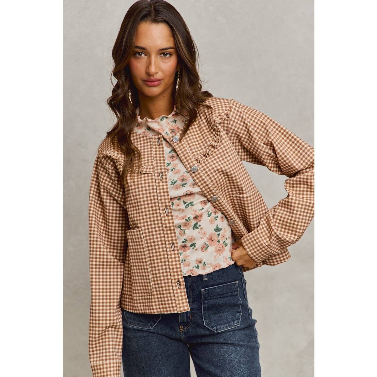 Mini Checkered Button Down Ruffled Jacket