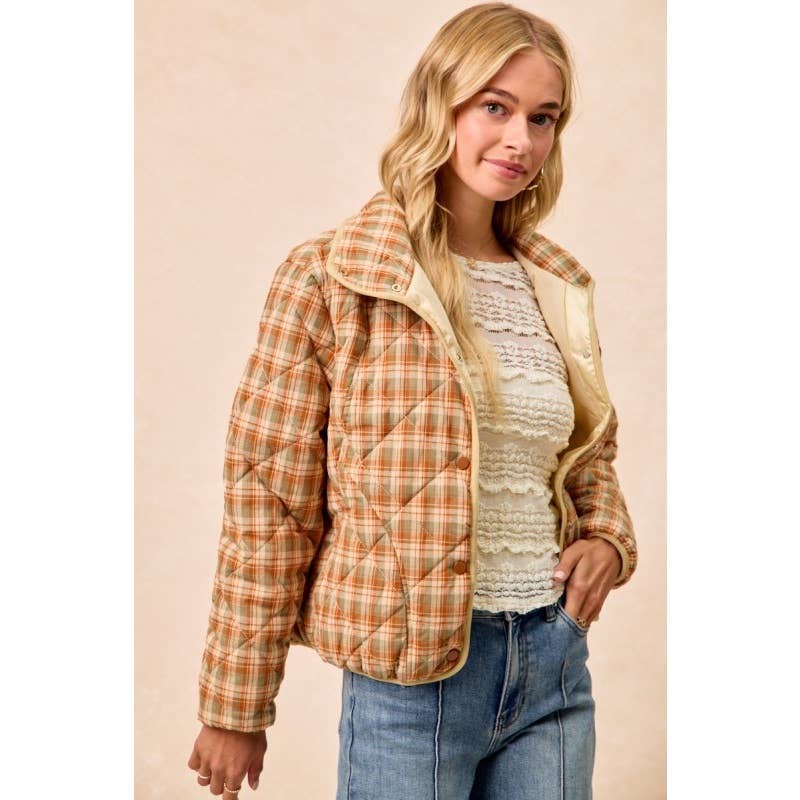 Vintage Plaid Piping Detail Quilted Jacket