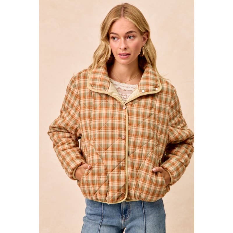 Vintage Plaid Piping Detail Quilted Jacket