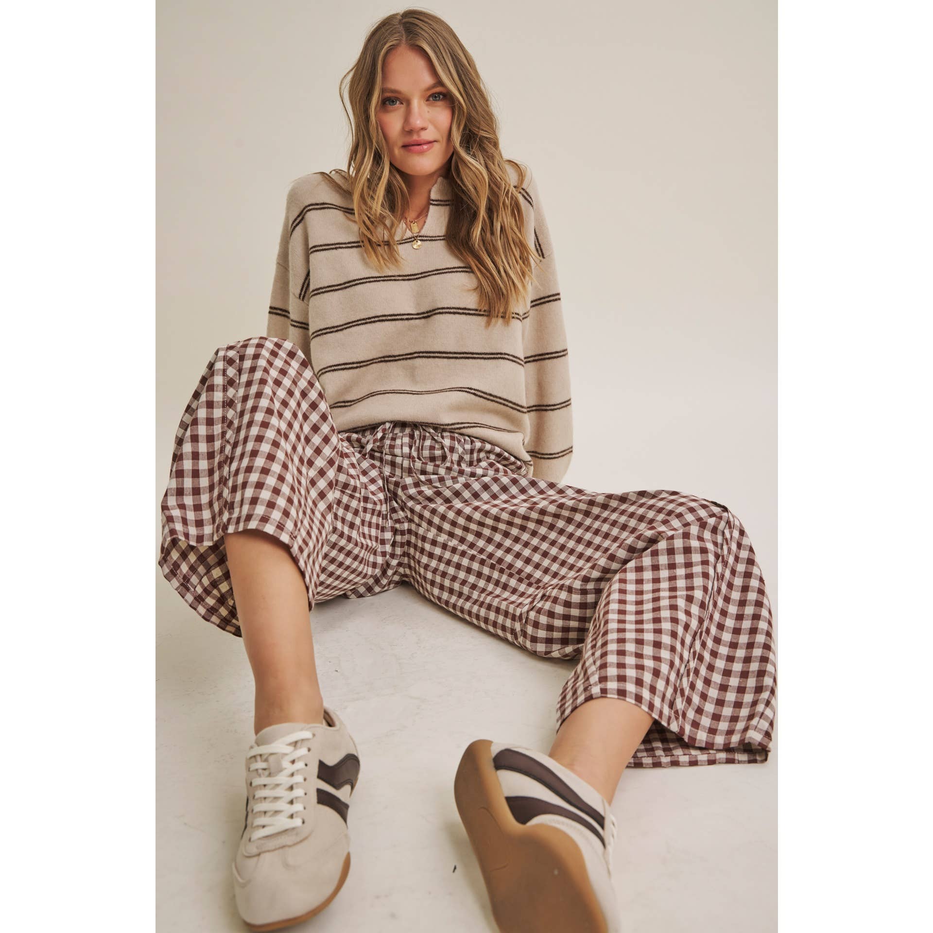GINGHAM COTTON BARREL PANTS