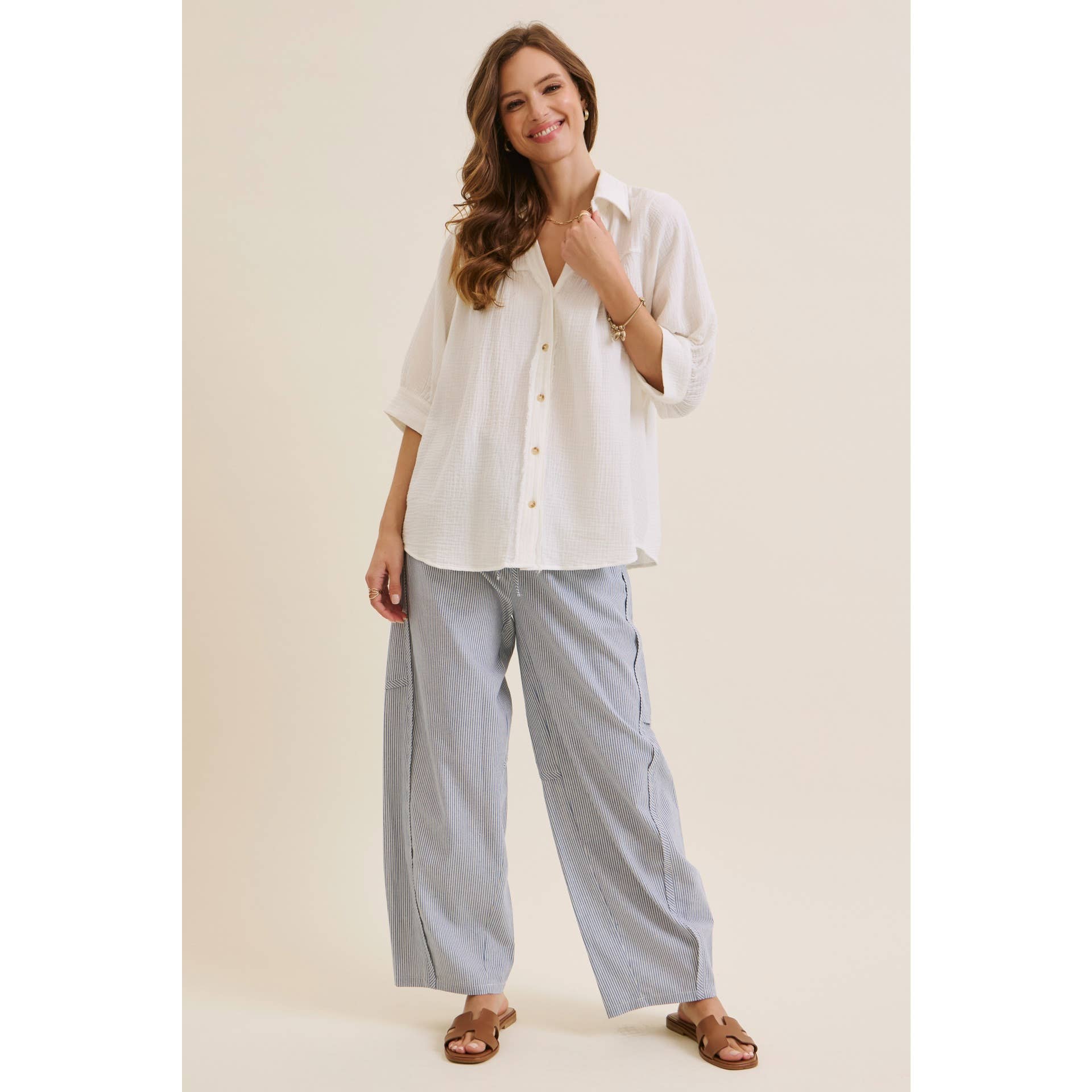 ALL ABOUT COMFORT ELASTIC STRIPE COTTON BARREL PANTS