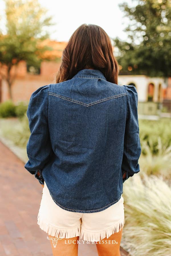Dark Wash Denim Puff Sleeve Shirt Front Pocket