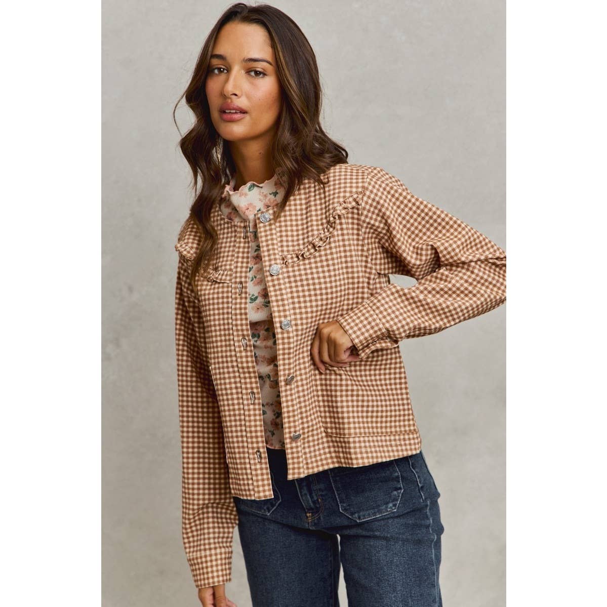 Mini Checkered Button Down Ruffled Jacket